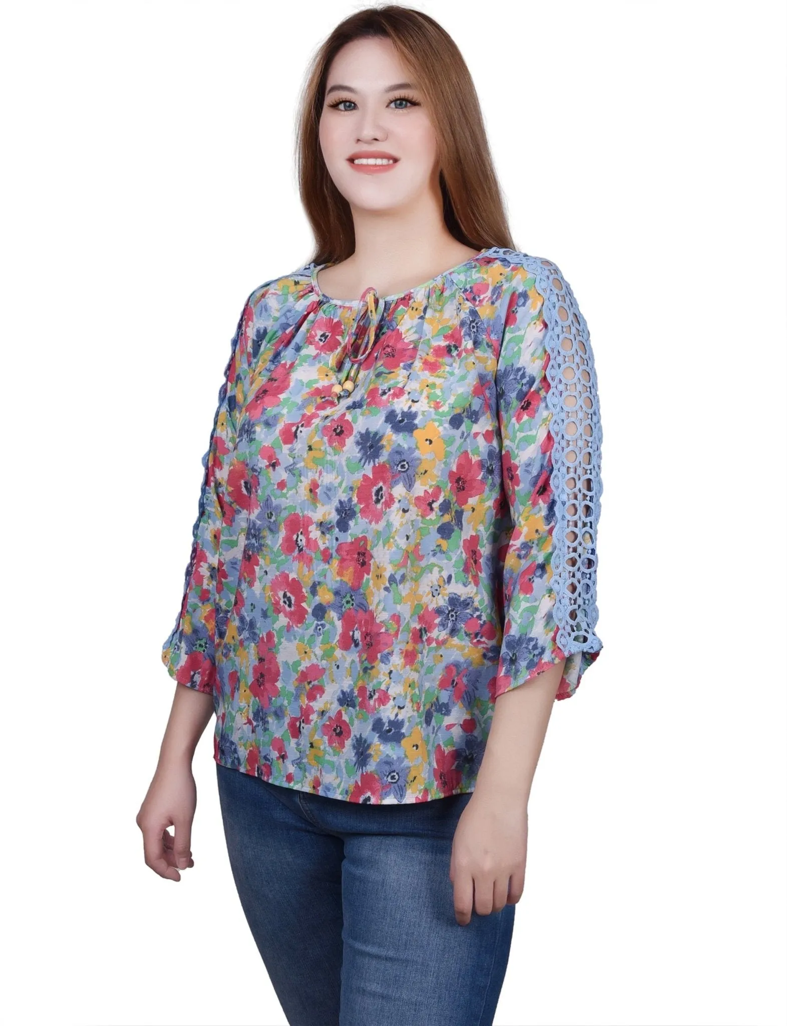 3/4 Length Sleeve Crochet Detail Blouse