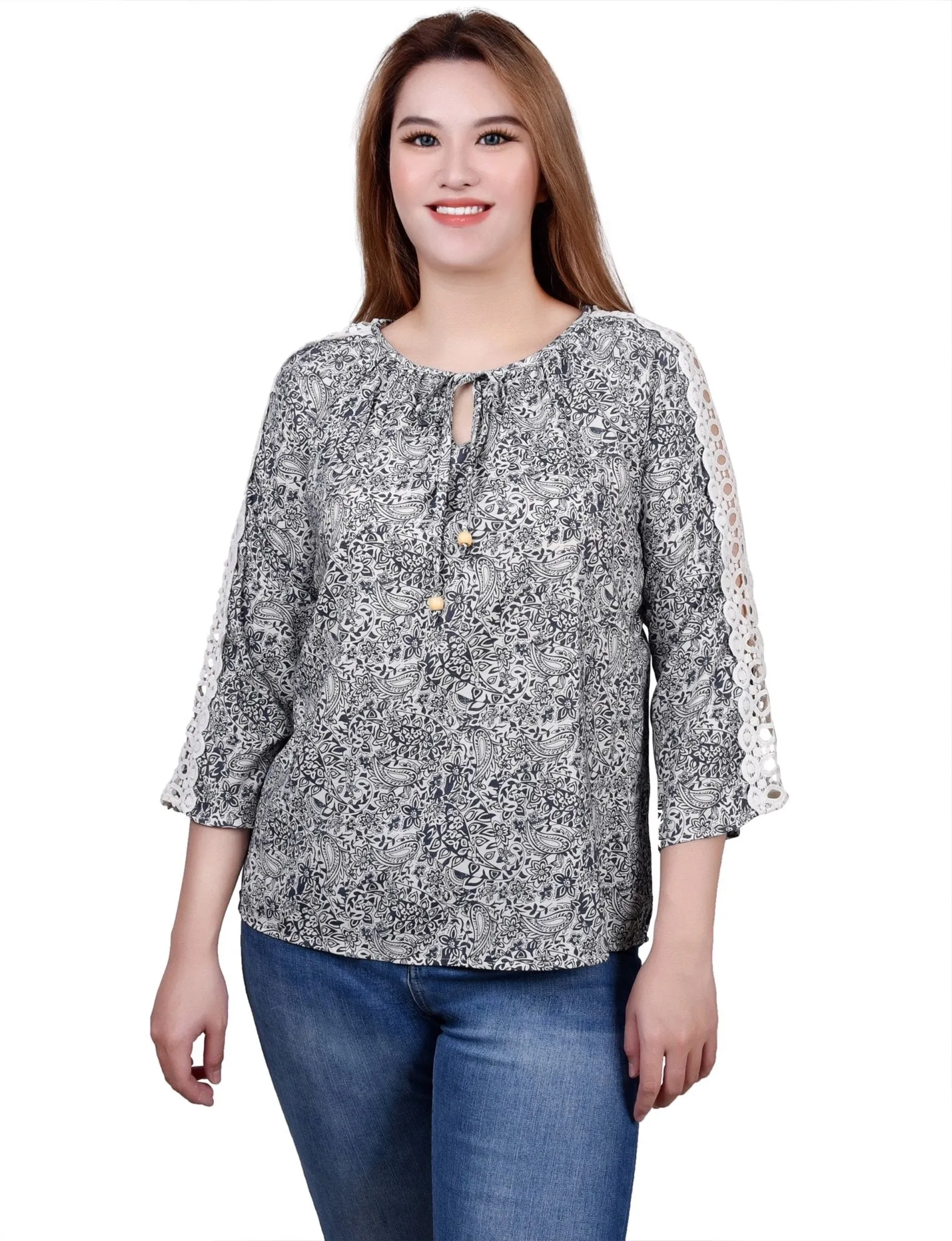 3/4 Length Sleeve Crochet Detail Blouse