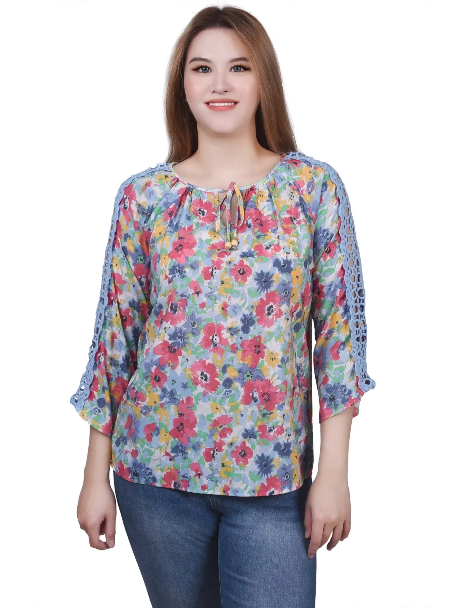 3/4 Length Sleeve Crochet Detail Blouse