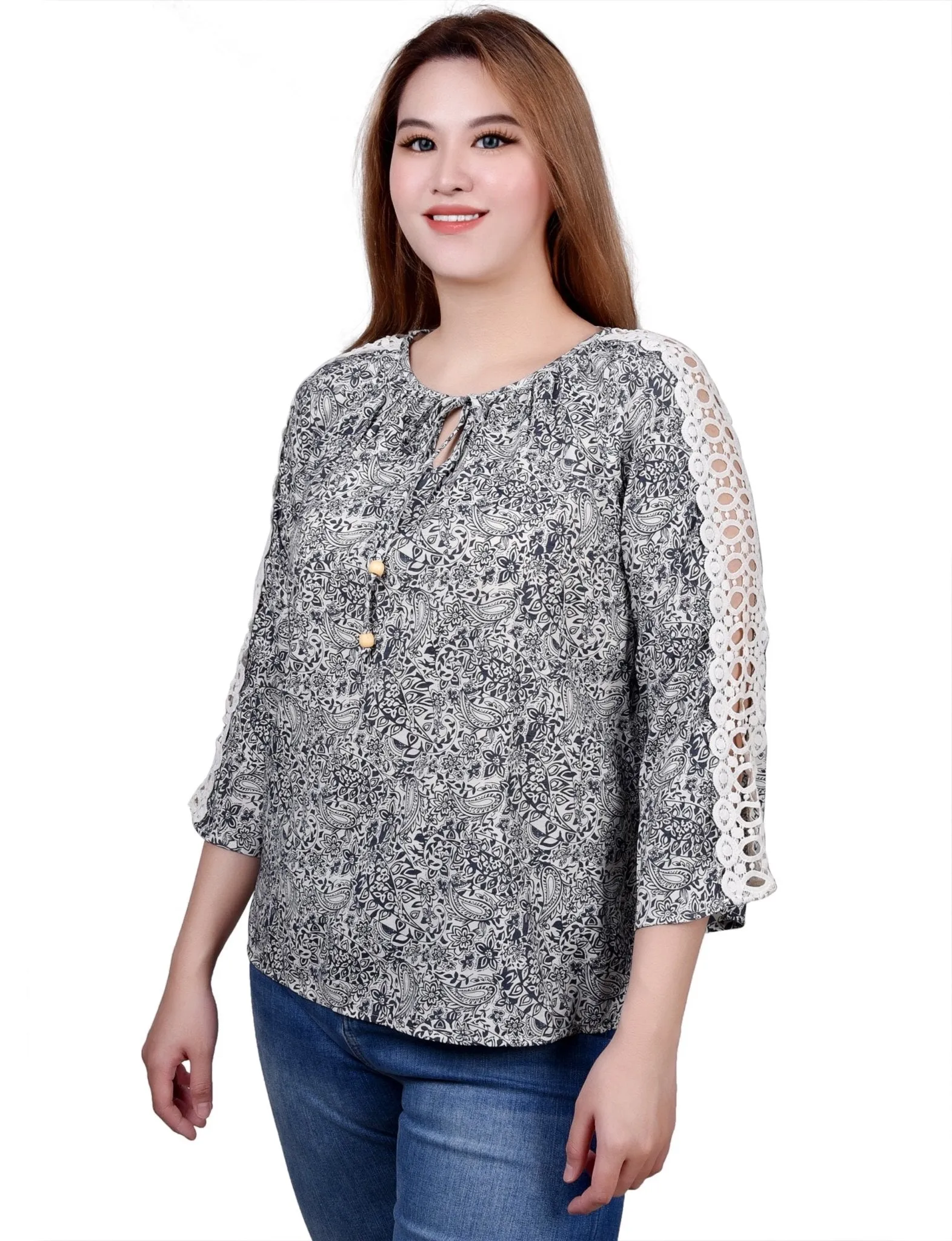 3/4 Length Sleeve Crochet Detail Blouse