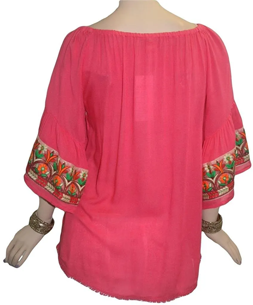 3733 B Rayon Crepe Bohemian Bell Sleeve Embroidered Casual Tunic Blouse