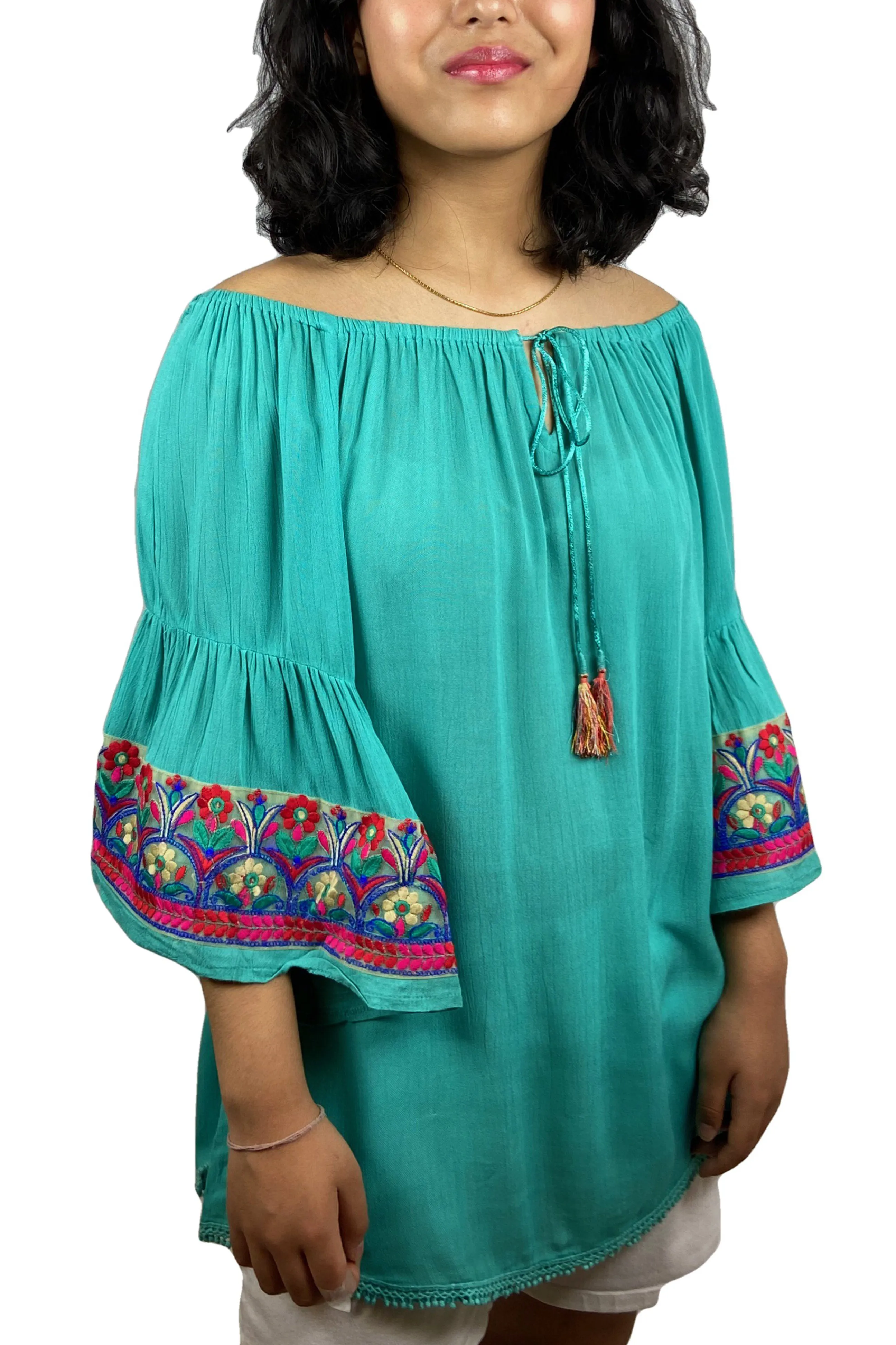 3733 B Rayon Crepe Bohemian Bell Sleeve Embroidered Casual Tunic Blouse