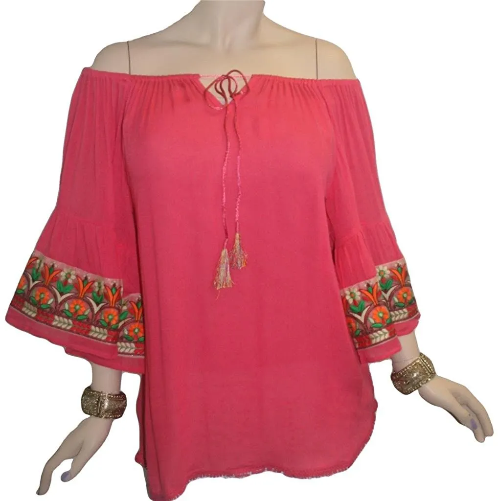 3733 B Rayon Crepe Bohemian Bell Sleeve Embroidered Casual Tunic Blouse