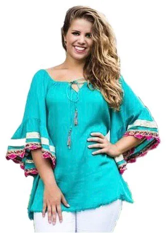 3733 B Rayon Crepe Bohemian Bell Sleeve Embroidered Casual Tunic Blouse