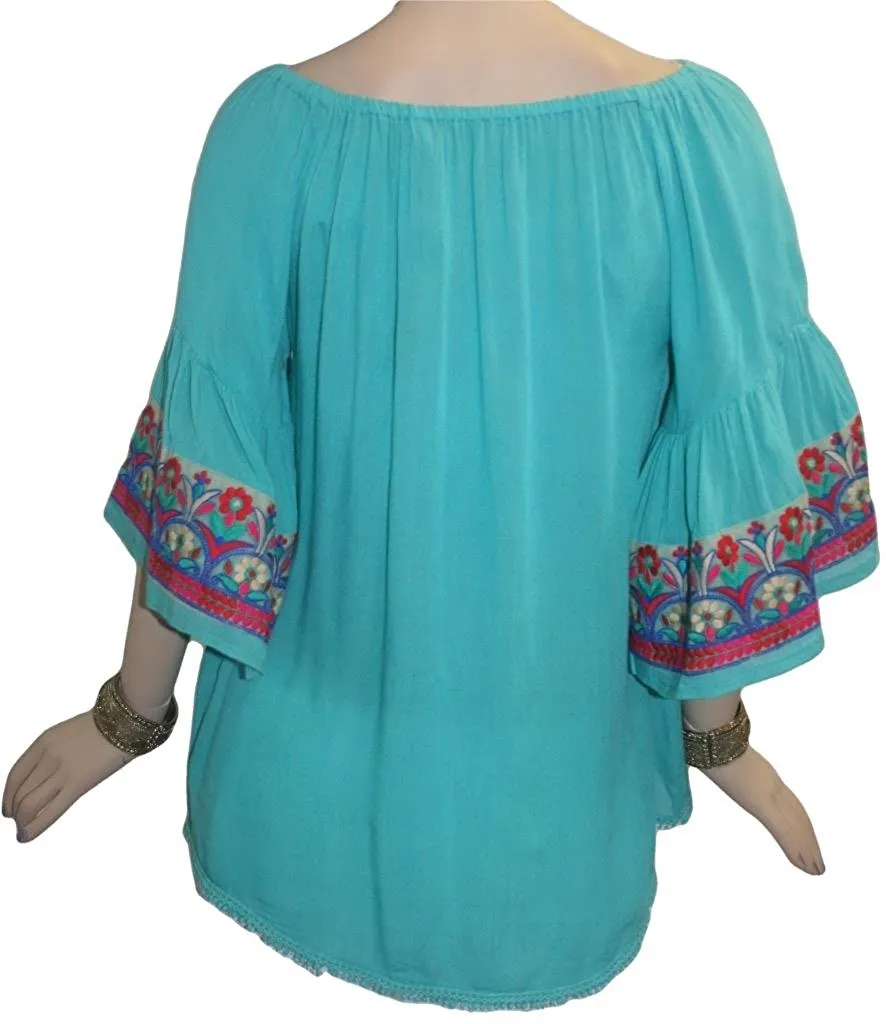 3733 B Rayon Crepe Bohemian Bell Sleeve Embroidered Casual Tunic Blouse