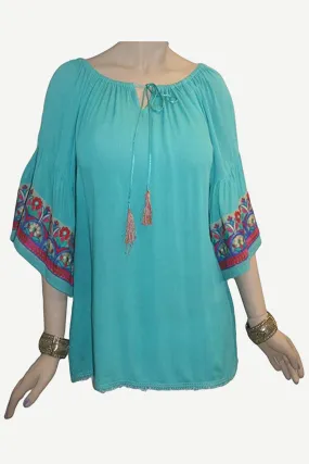 3733 B Rayon Crepe Bohemian Bell Sleeve Embroidered Casual Tunic Blouse