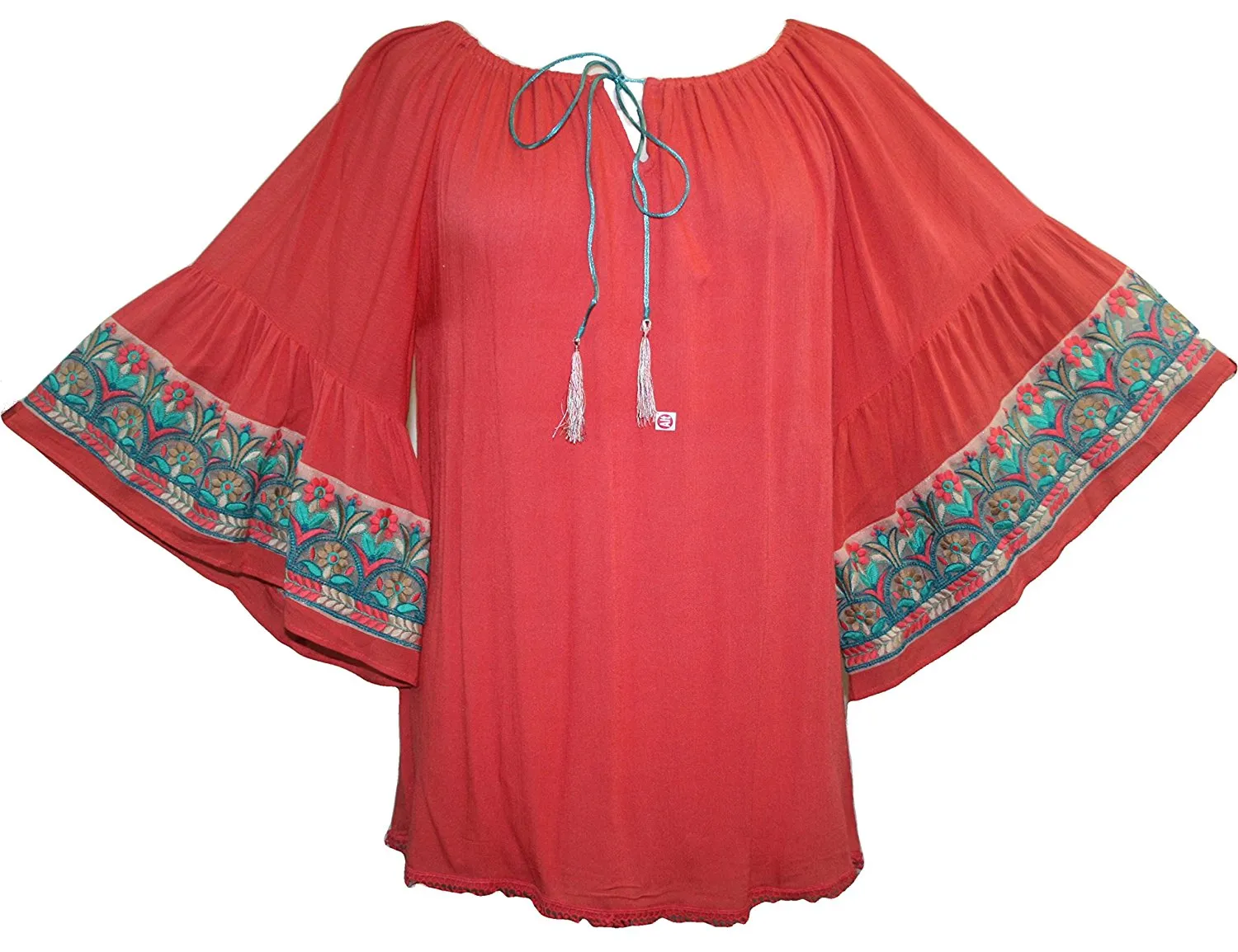 3733 B Rayon Crepe Bohemian Bell Sleeve Embroidered Casual Tunic Blouse