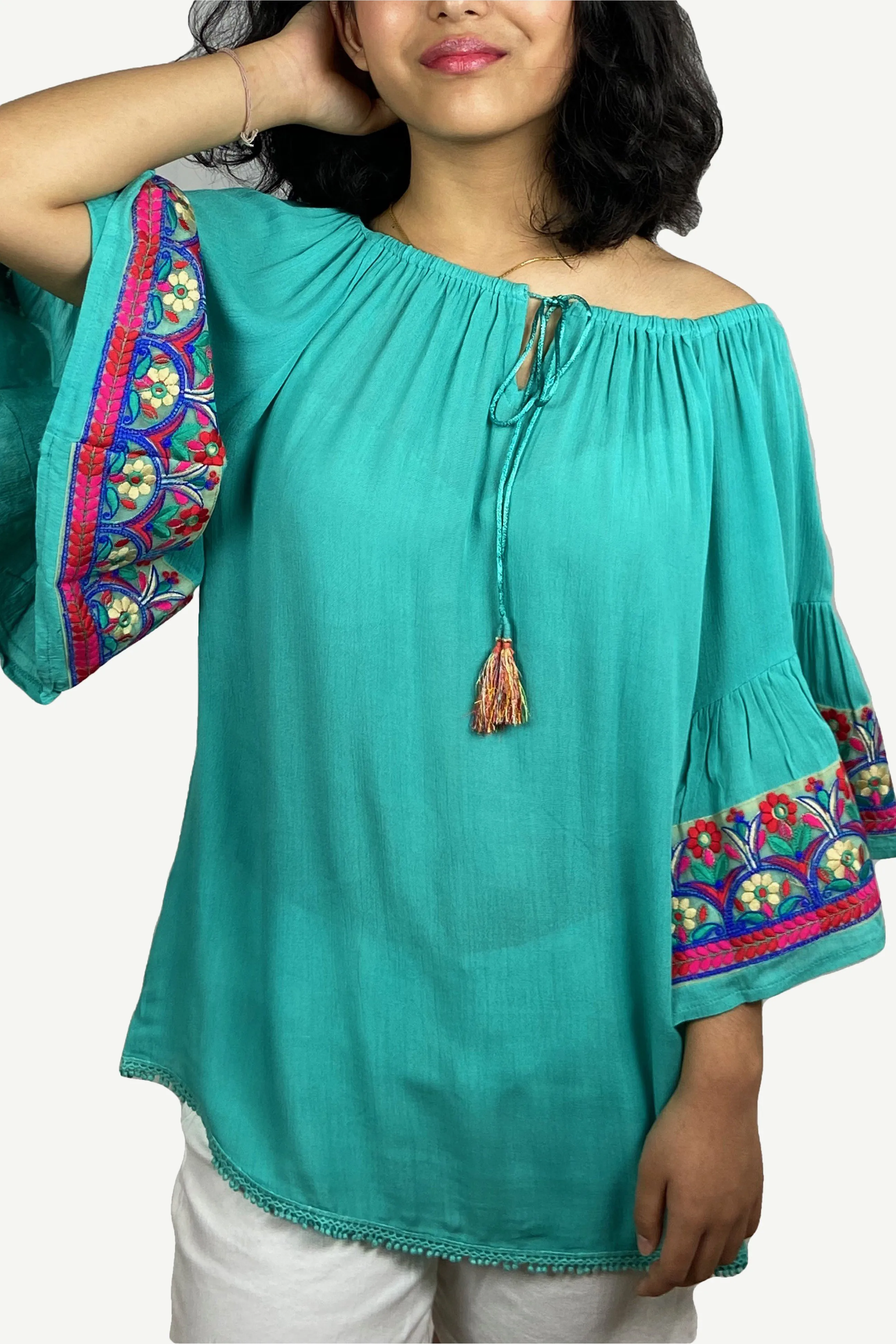 3733 B Rayon Crepe Bohemian Bell Sleeve Embroidered Casual Tunic Blouse
