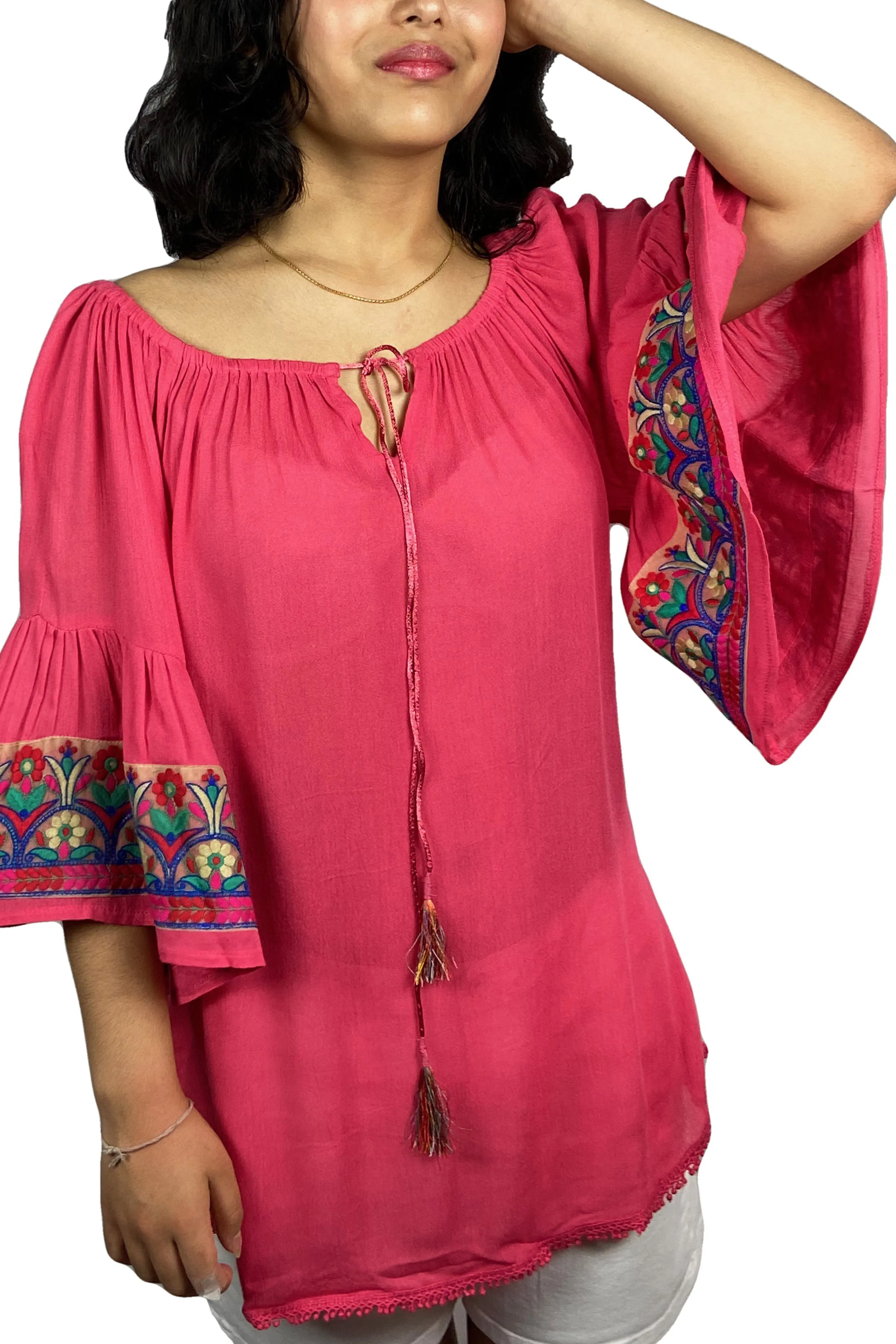 3733 B Rayon Crepe Bohemian Bell Sleeve Embroidered Casual Tunic Blouse