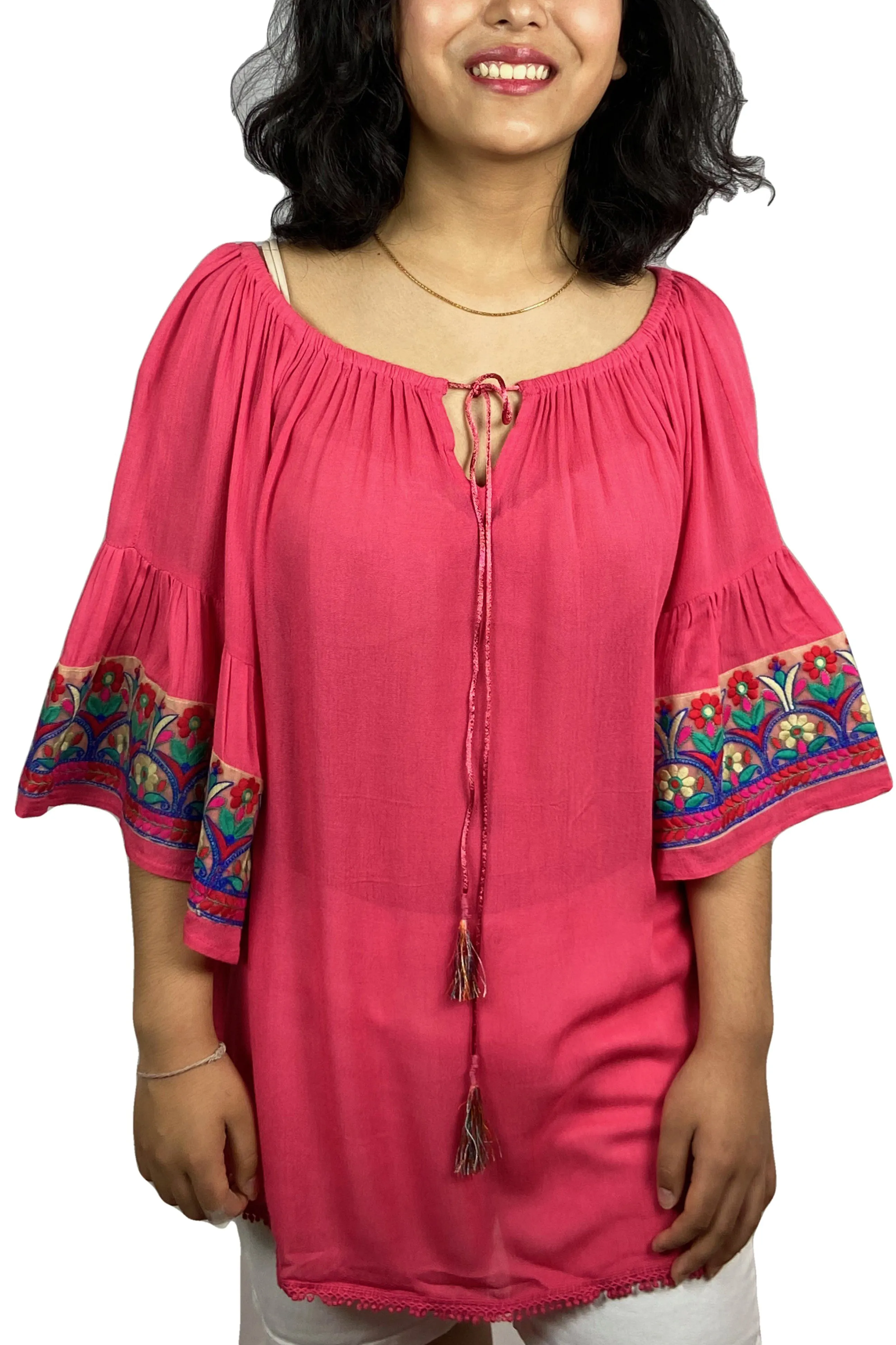 3733 B Rayon Crepe Bohemian Bell Sleeve Embroidered Casual Tunic Blouse