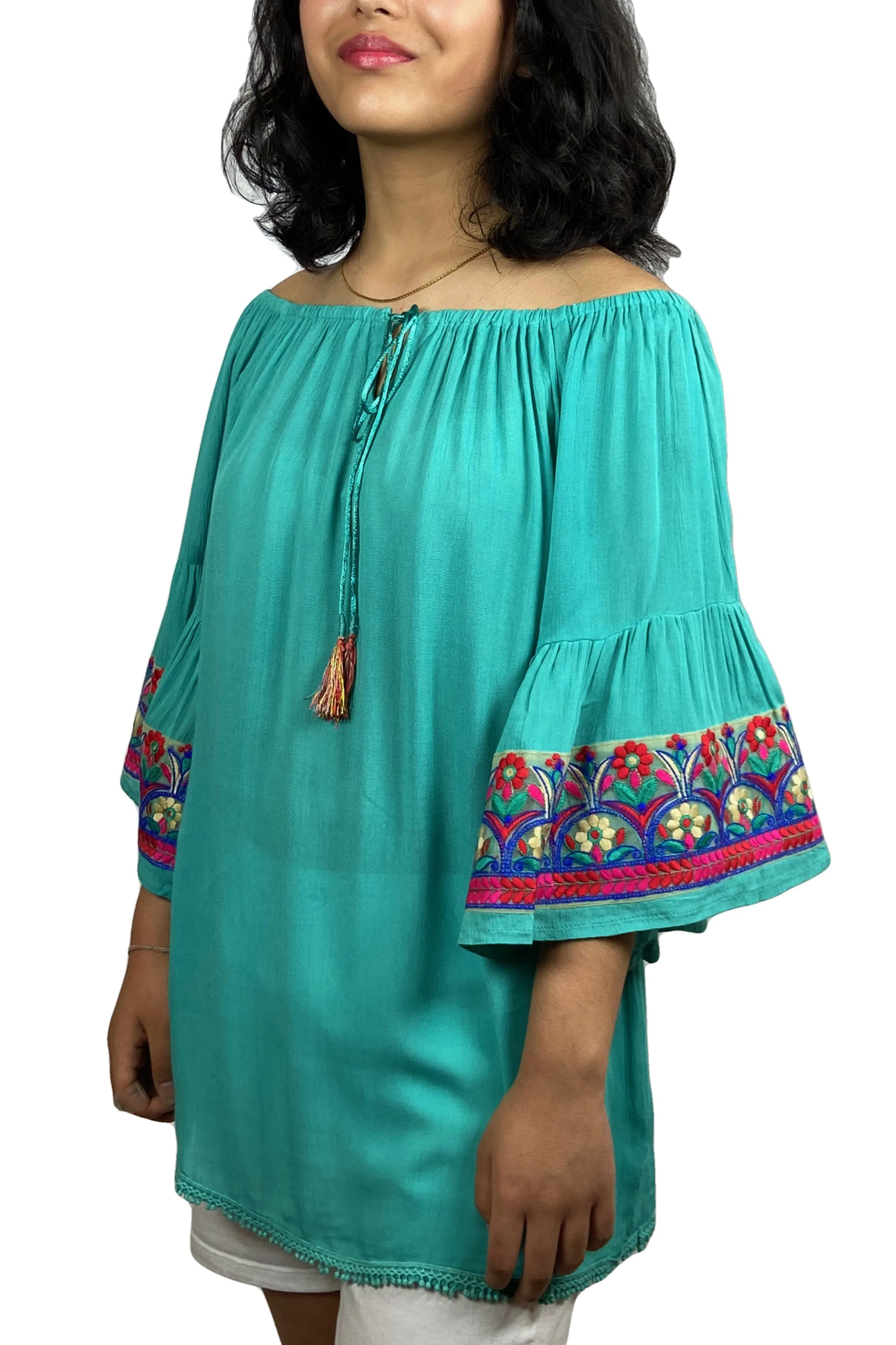 3733 B Rayon Crepe Bohemian Bell Sleeve Embroidered Casual Tunic Blouse