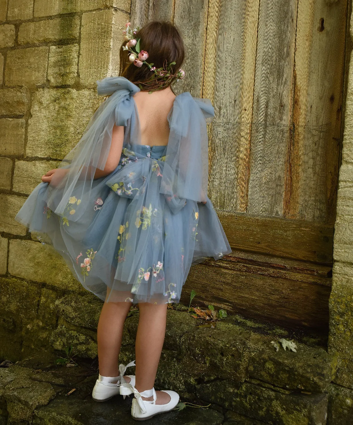 Baby Enchanted Angel Dress - Embroidered Dusty Blue
