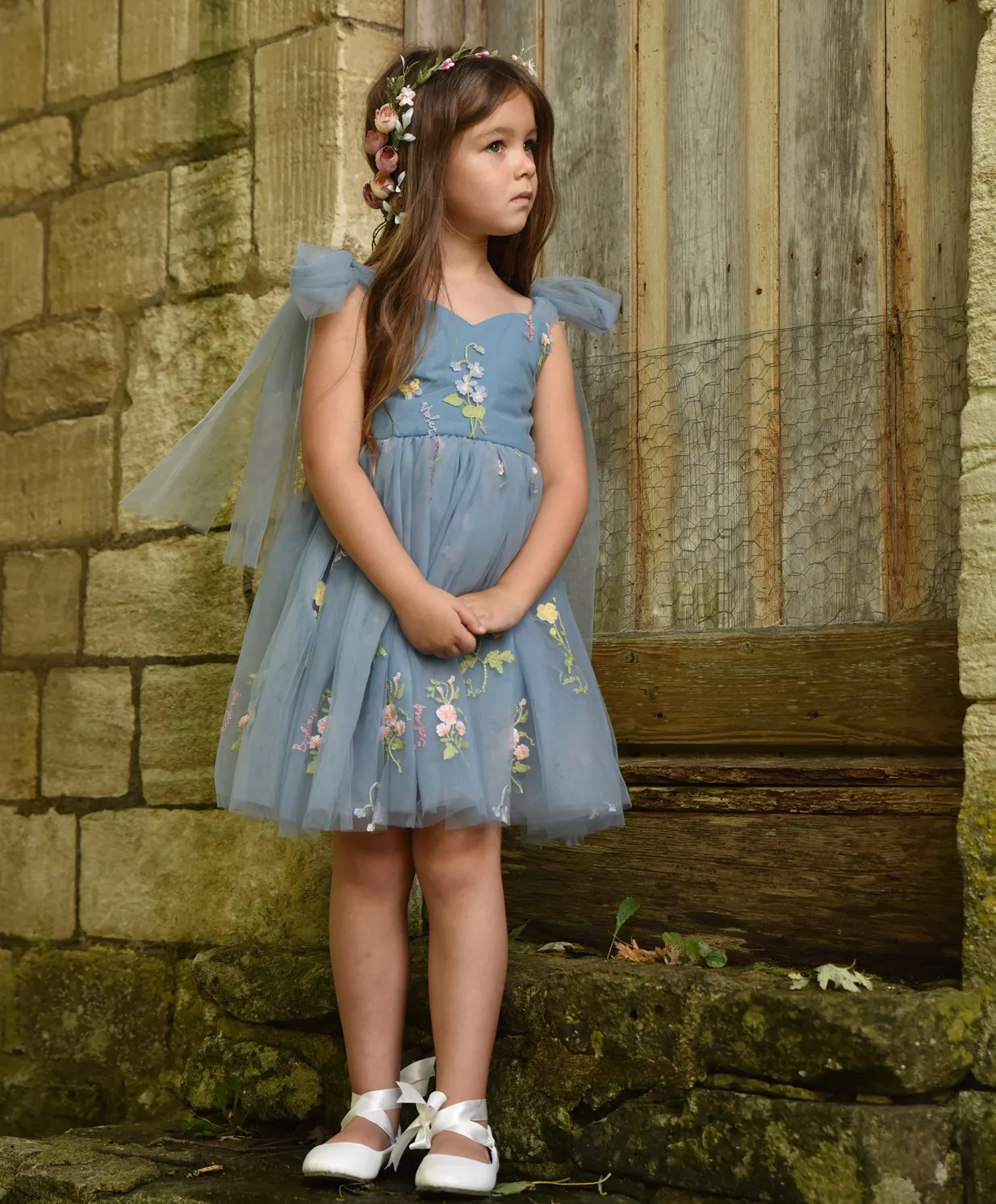 Baby Enchanted Angel Dress - Embroidered Dusty Blue