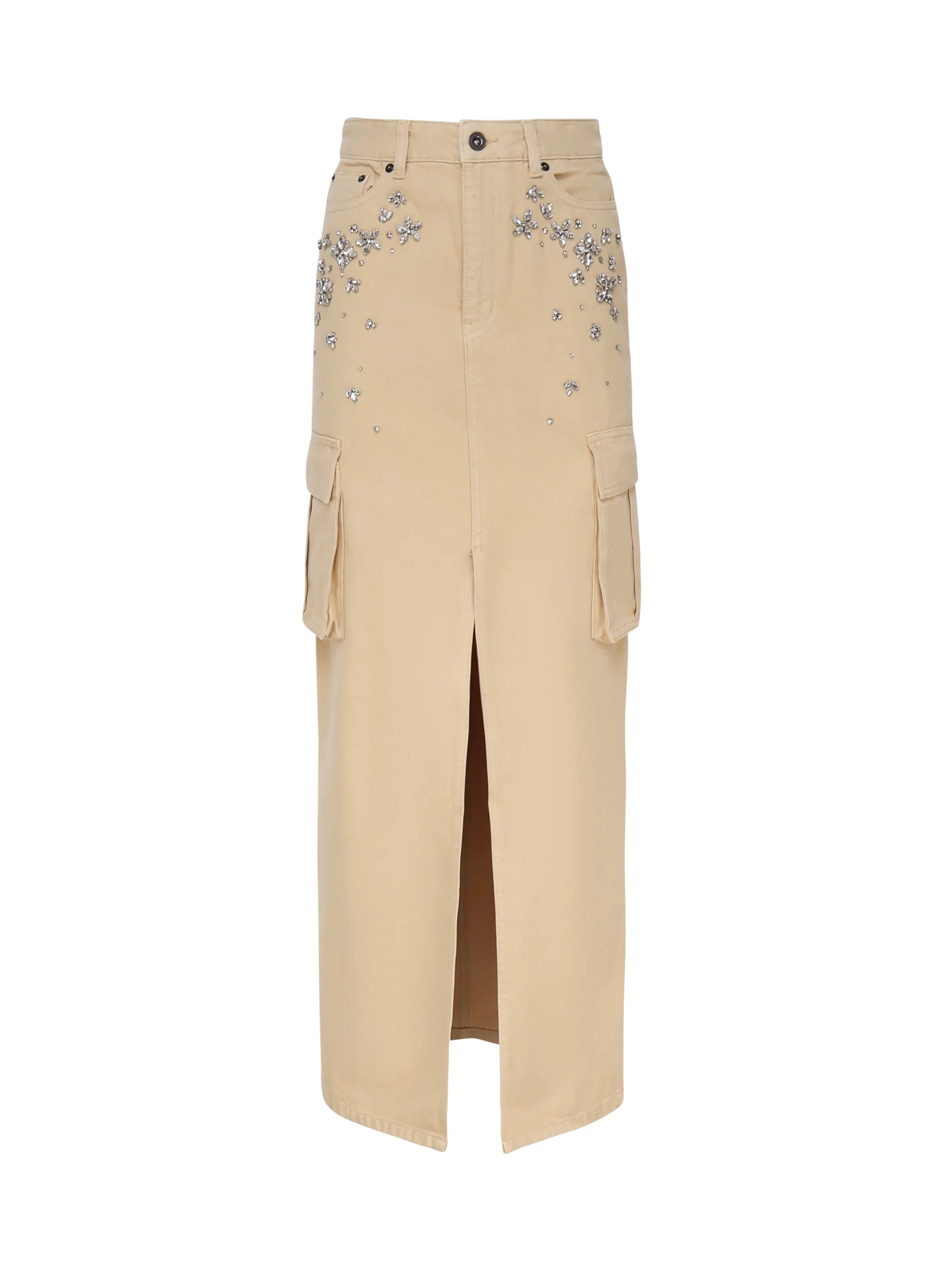 Beige Long Cargo Skirt with Stones