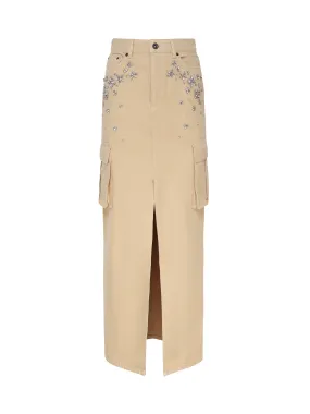 Beige Long Cargo Skirt with Stones