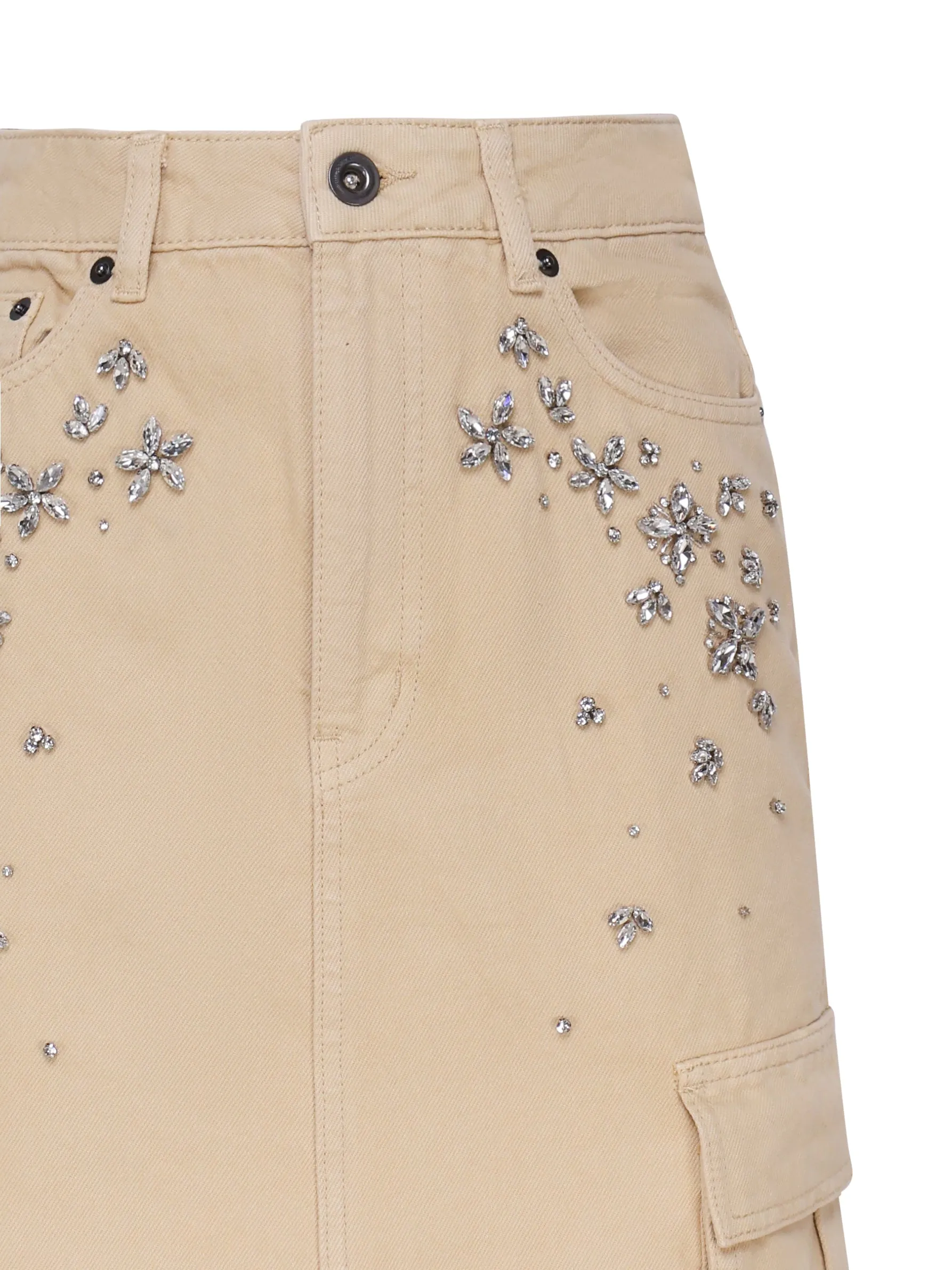 Beige Long Cargo Skirt with Stones