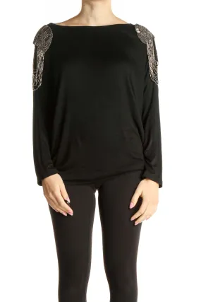 Black Beaded Statement Shoulder Retro Shirt