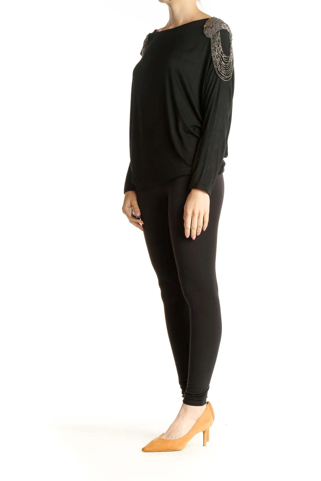 Black Beaded Statement Shoulder Retro Shirt