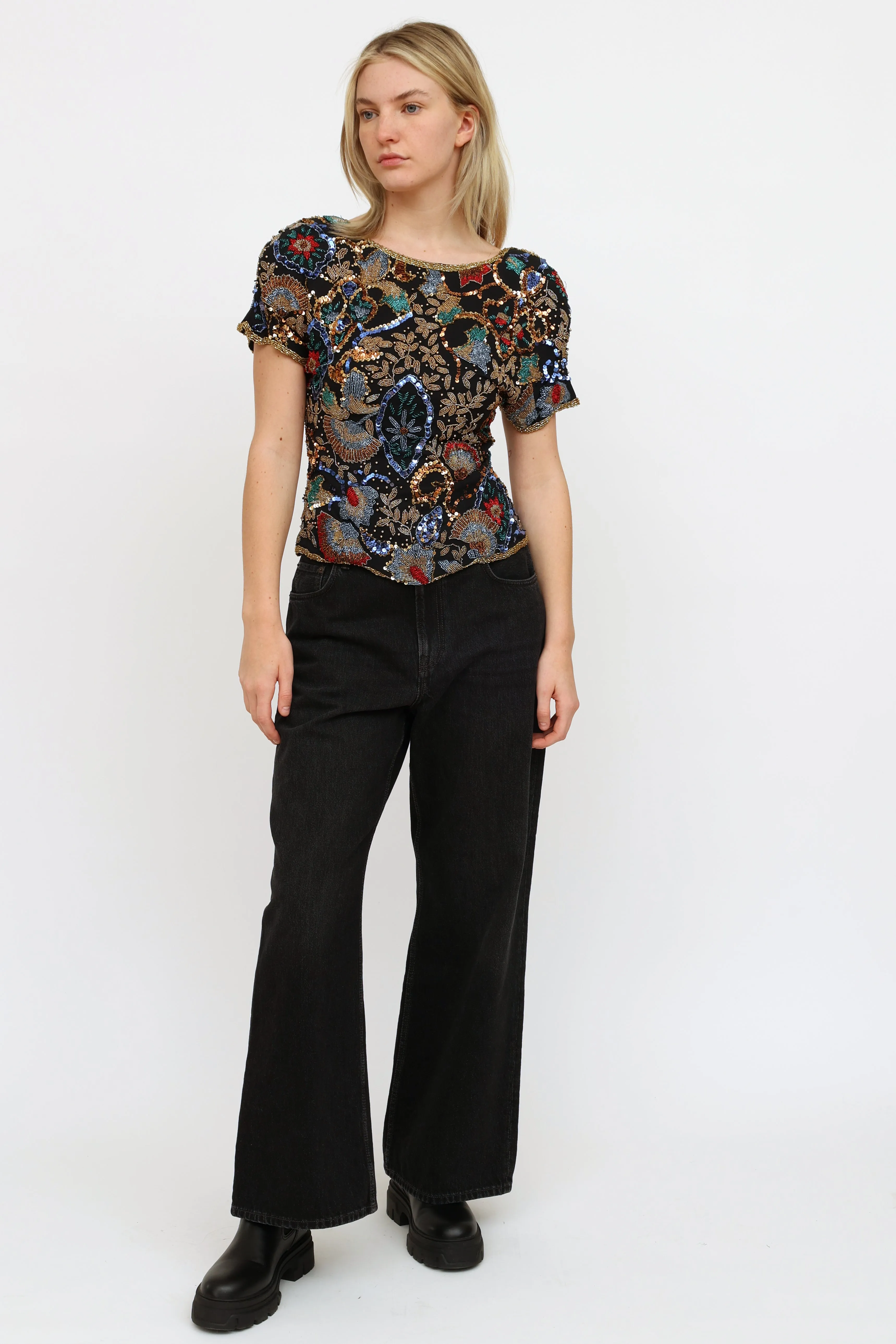 Black Multi Beaded & Sequin Top