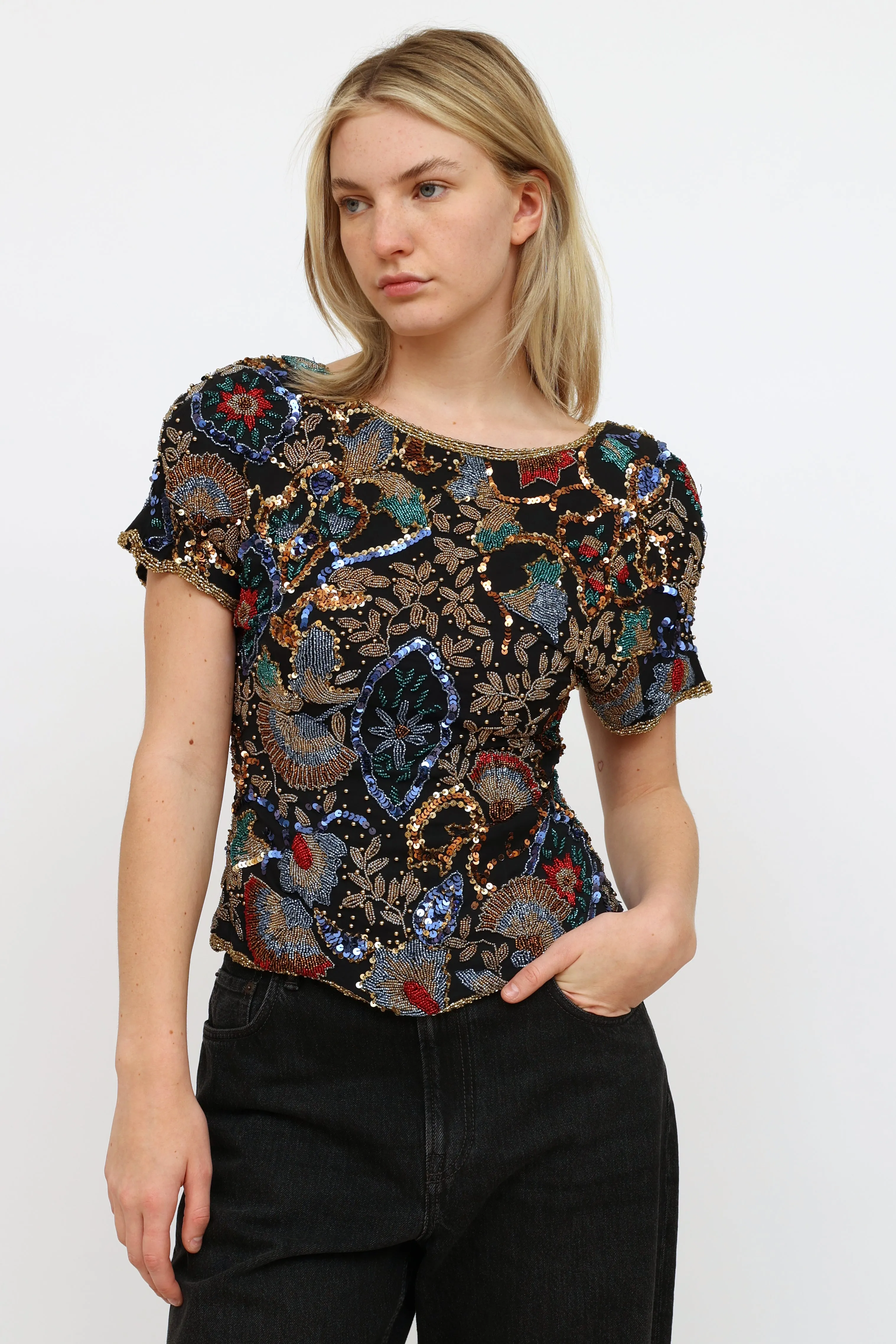 Black Multi Beaded & Sequin Top
