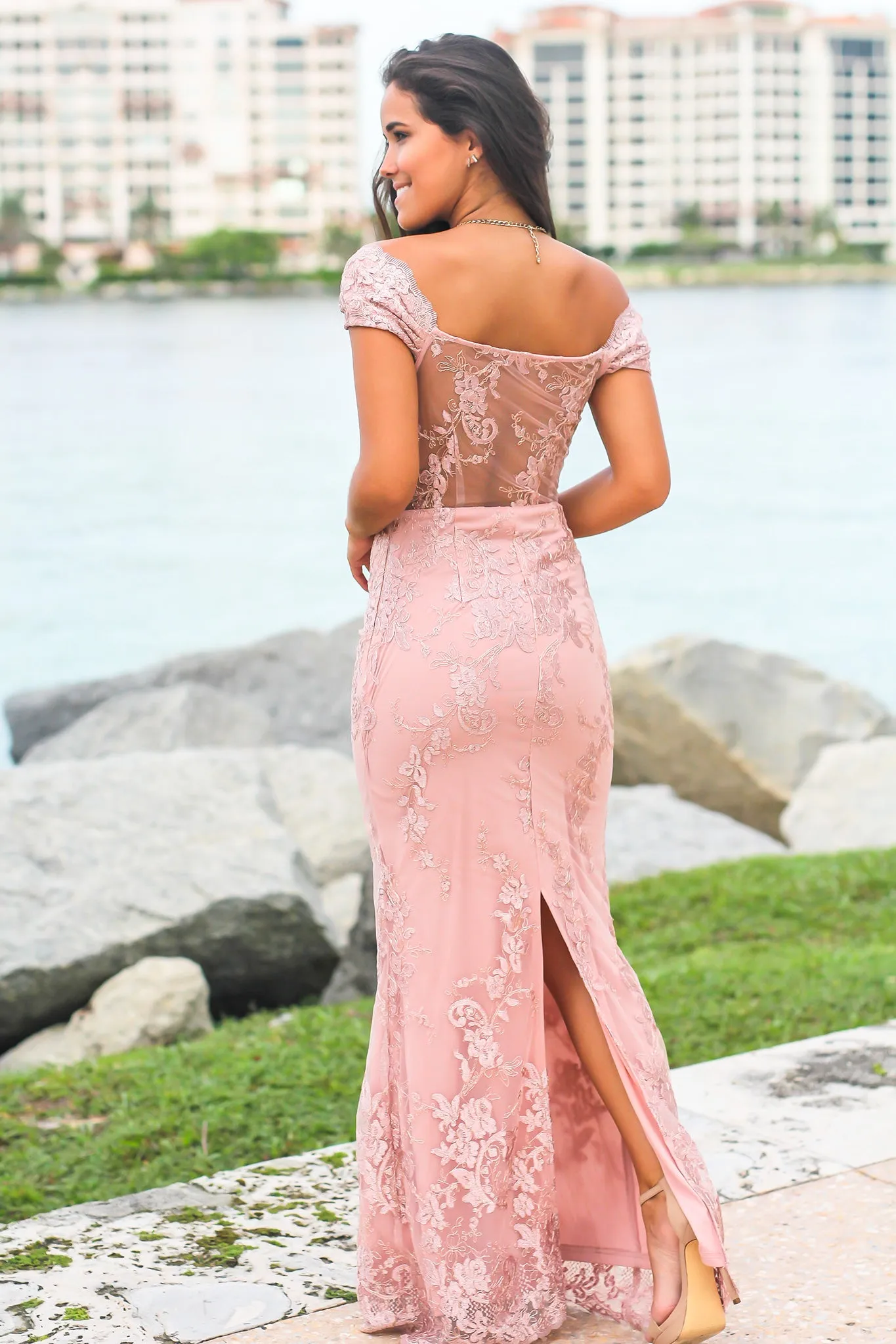 Blush Embroidered Maxi Dress with Mesh Back