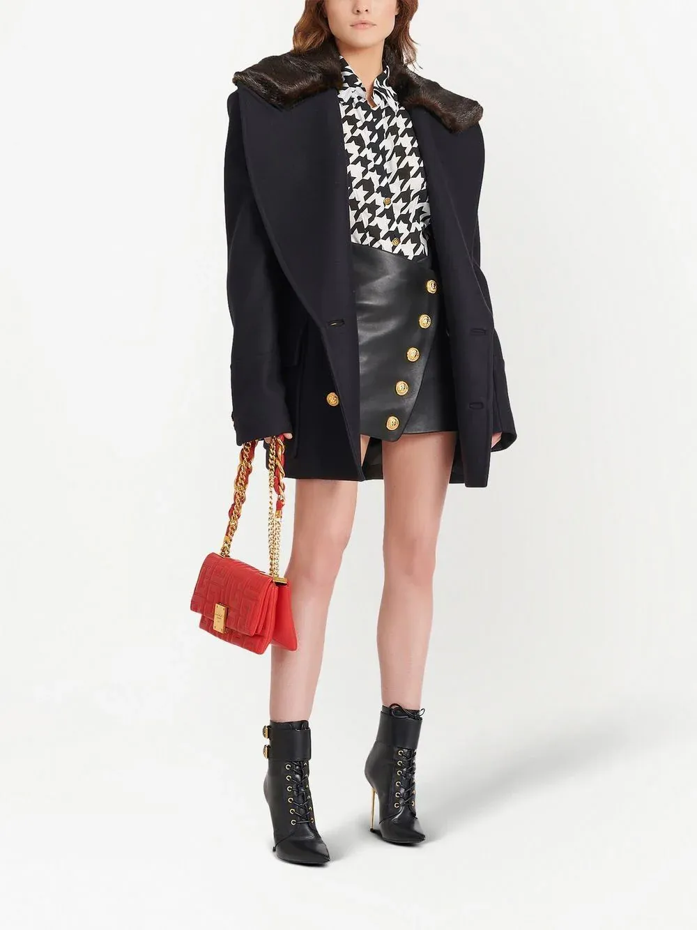Button Detail Leather Wrapped Short Skirt