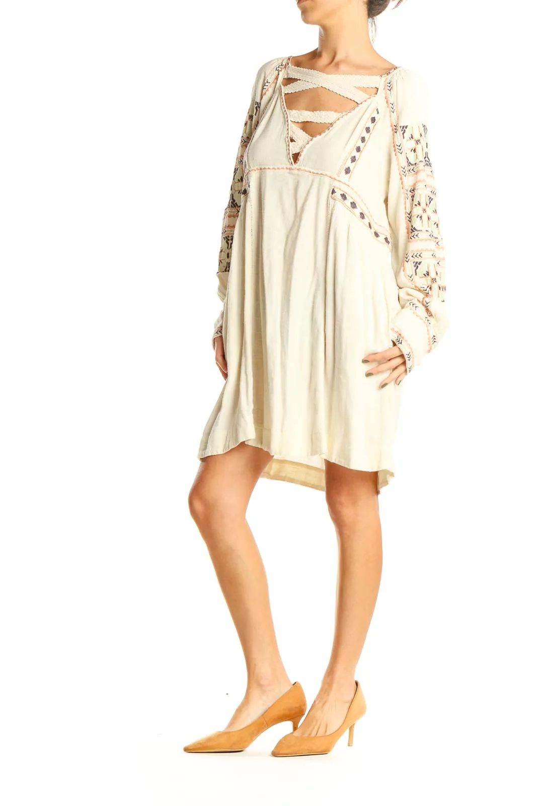 Cream Embroidered Boho Mini Dress