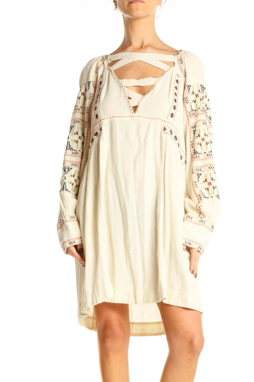 Cream Embroidered Boho Mini Dress