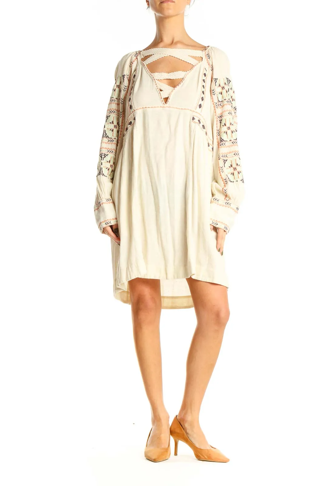 Cream Embroidered Boho Mini Dress