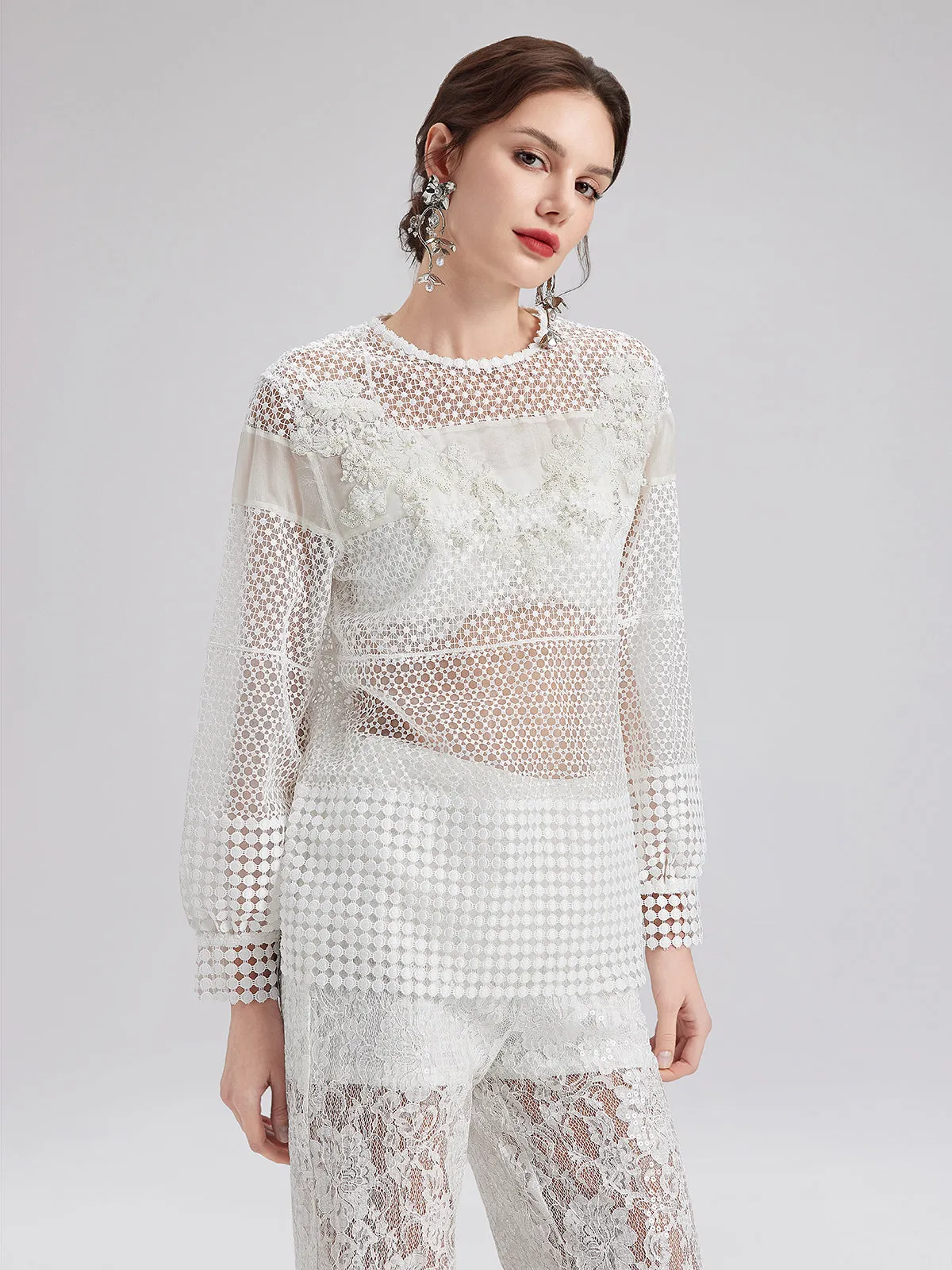 Embellished Beaded Lace Hollow Top