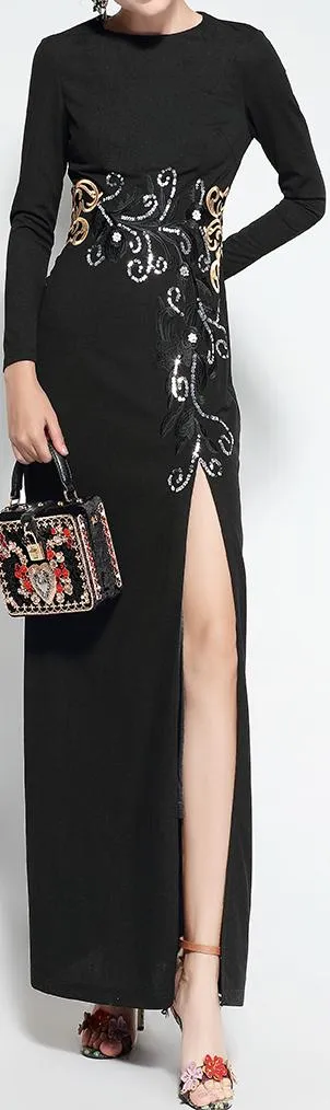 Embroidered Long Black Gown