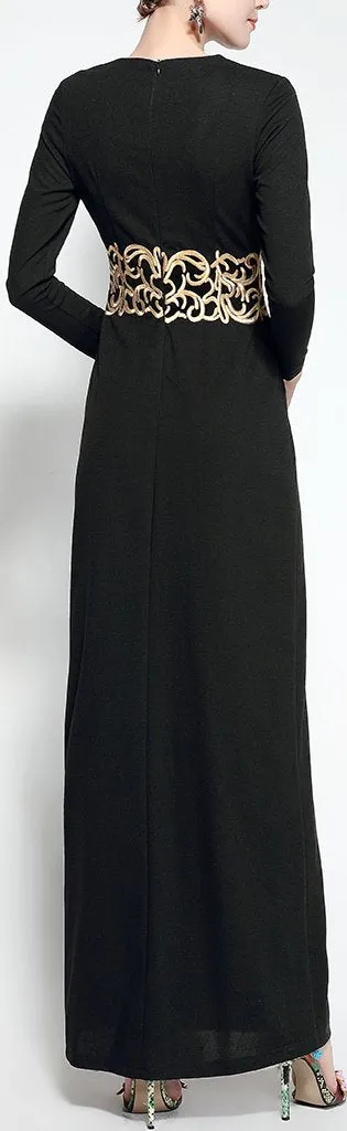 Embroidered Long Black Gown