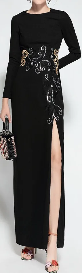 Embroidered Long Black Gown