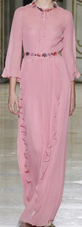 Embroidered Pleated Chiffon Ruffle Gown