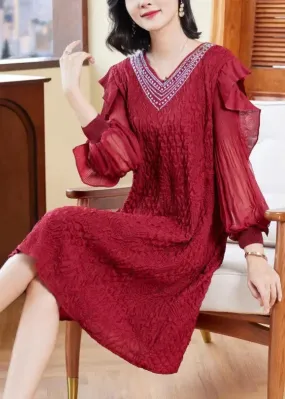 Embroidered Ruffled Tulle Mid Dresses Long Sleeve