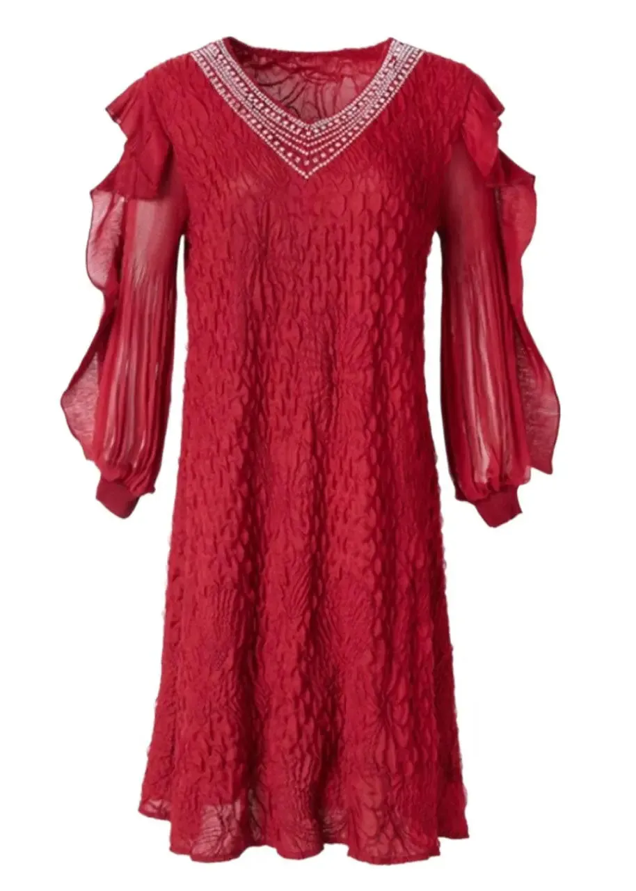 Embroidered Ruffled Tulle Mid Dresses Long Sleeve