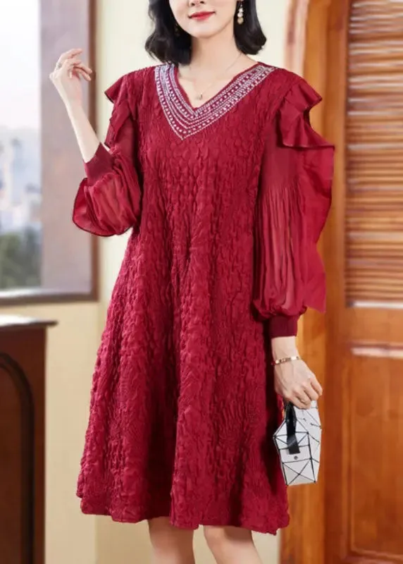 Embroidered Ruffled Tulle Mid Dresses Long Sleeve