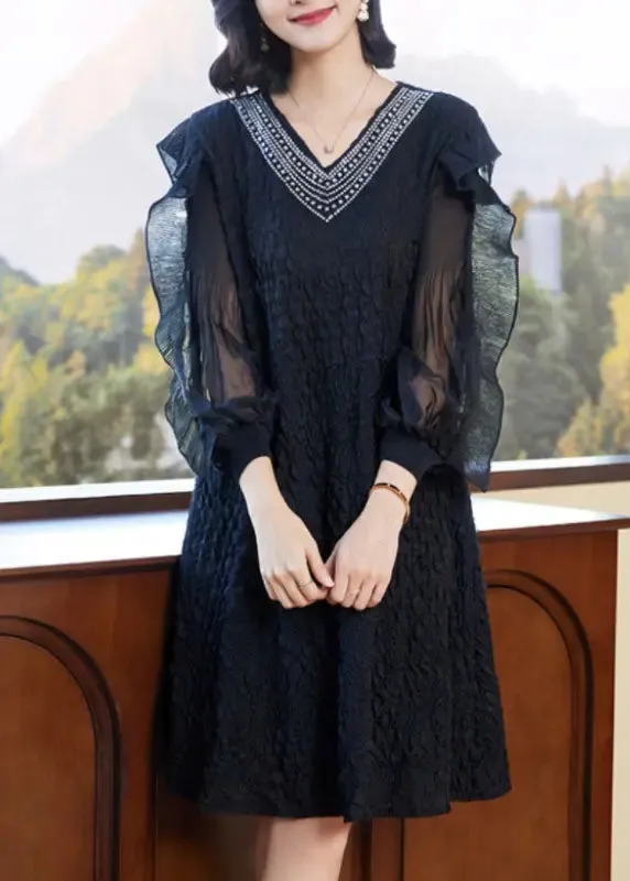 Embroidered Ruffled Tulle Mid Dresses Long Sleeve