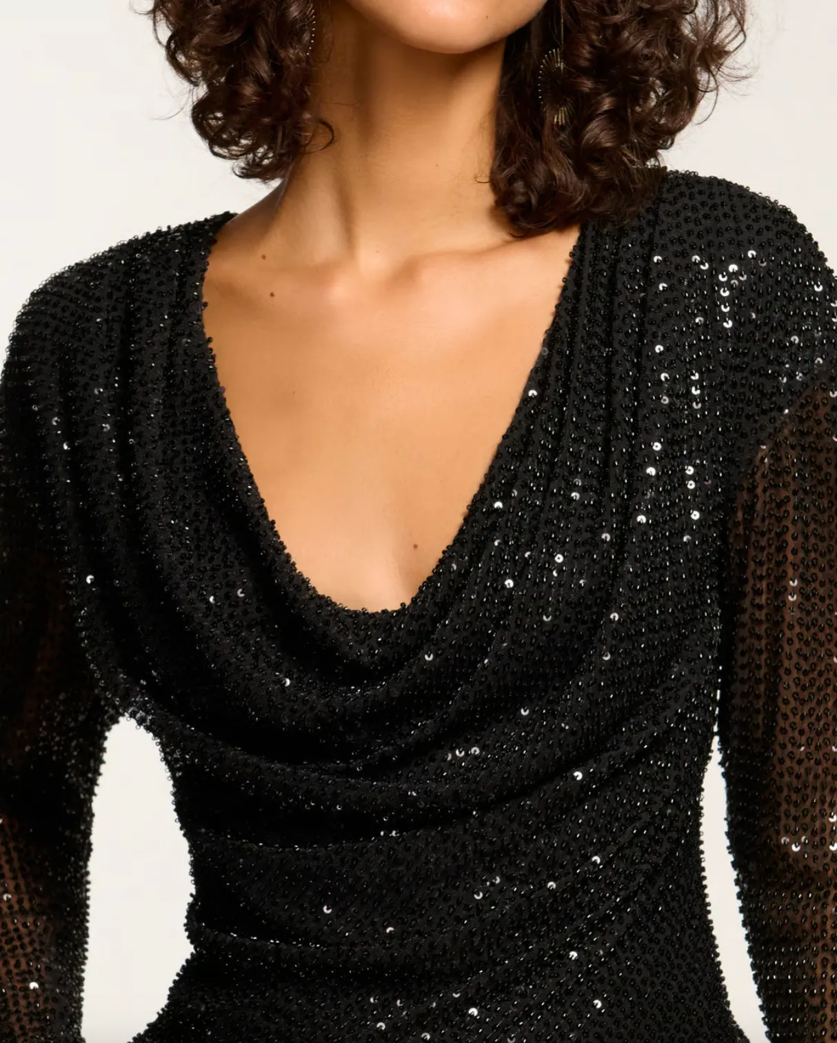 Leon Beaded Cowl Neck - Black Mesh