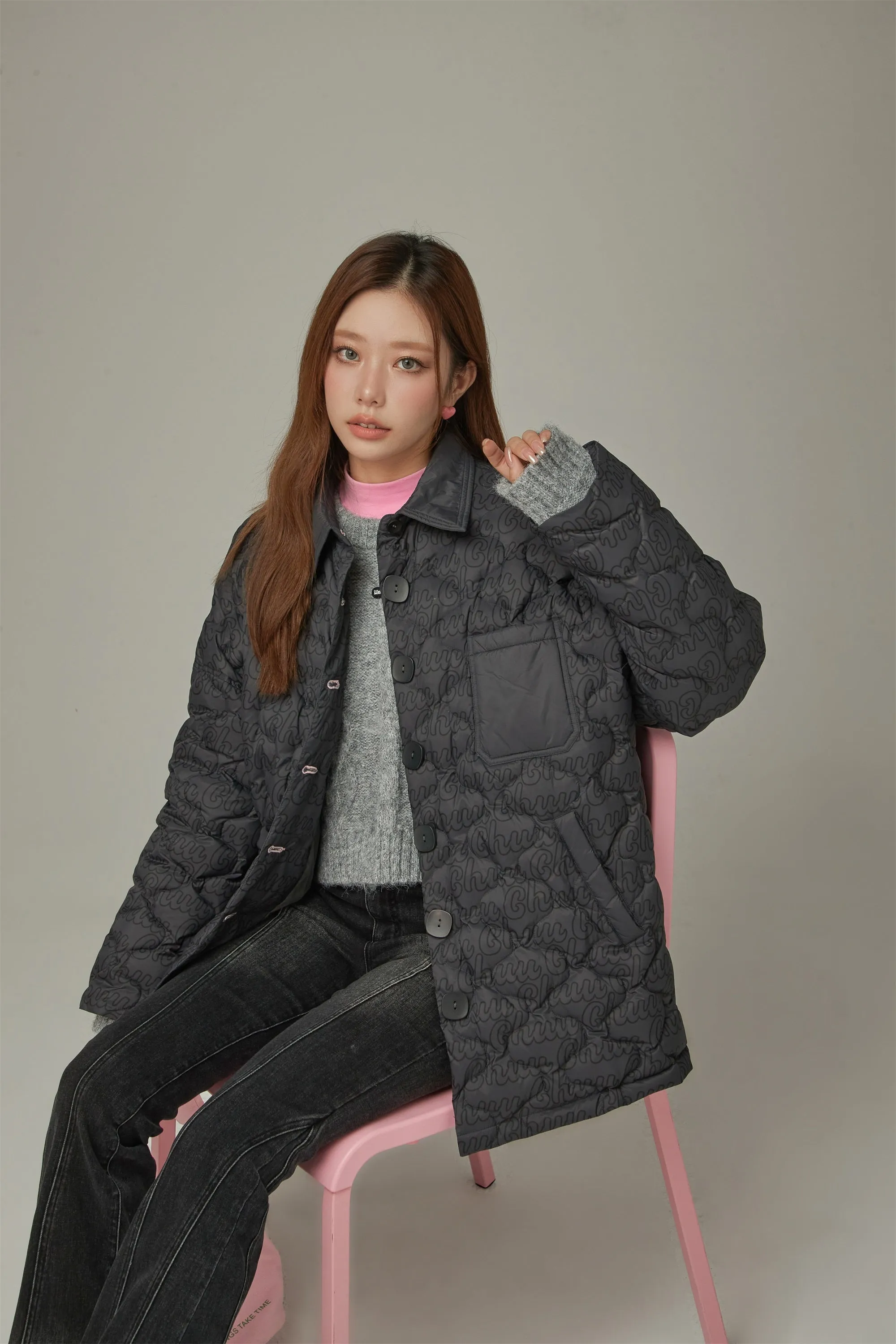 Lettering Quilted Padded Button Jacket