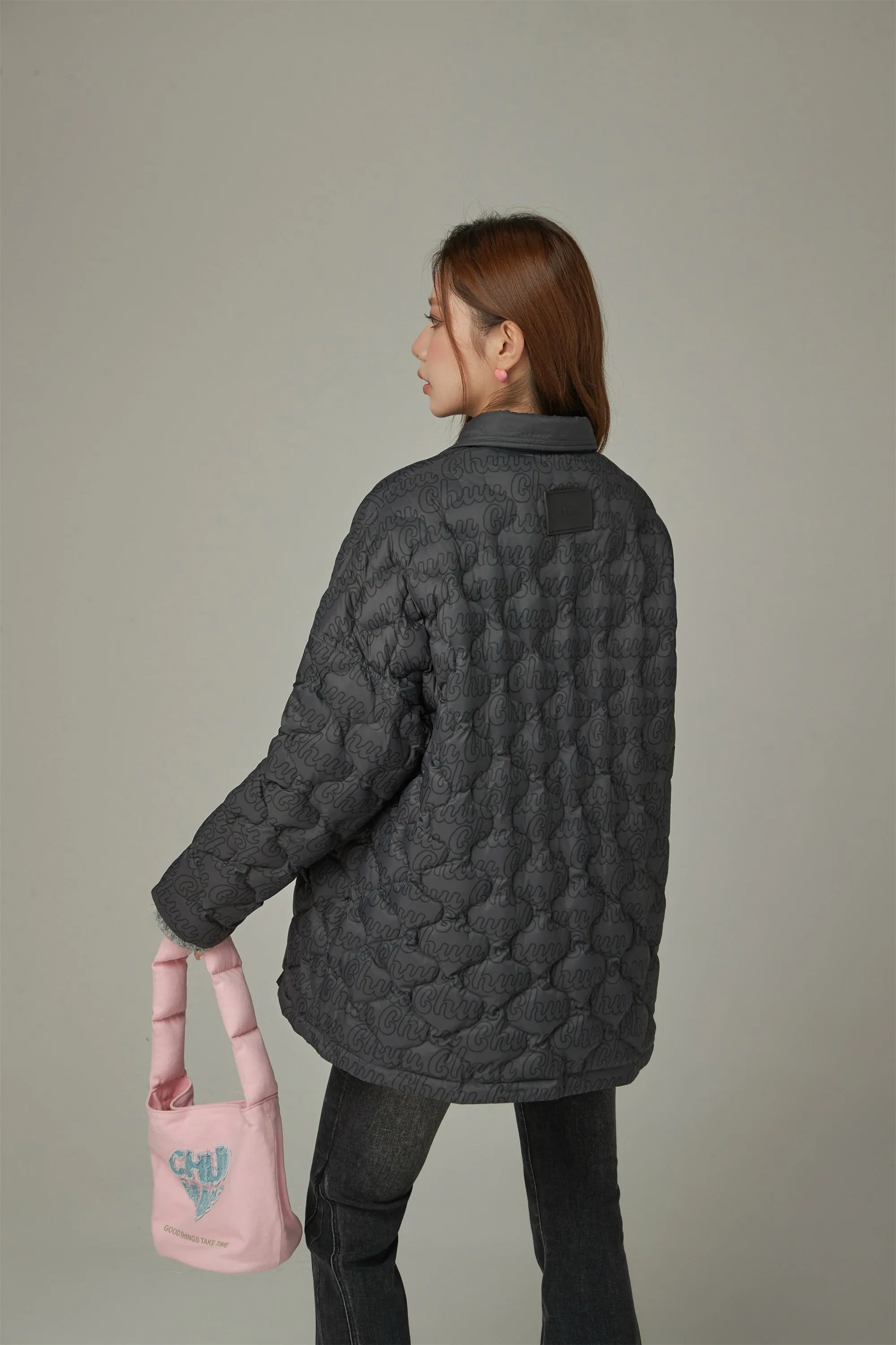 Lettering Quilted Padded Button Jacket