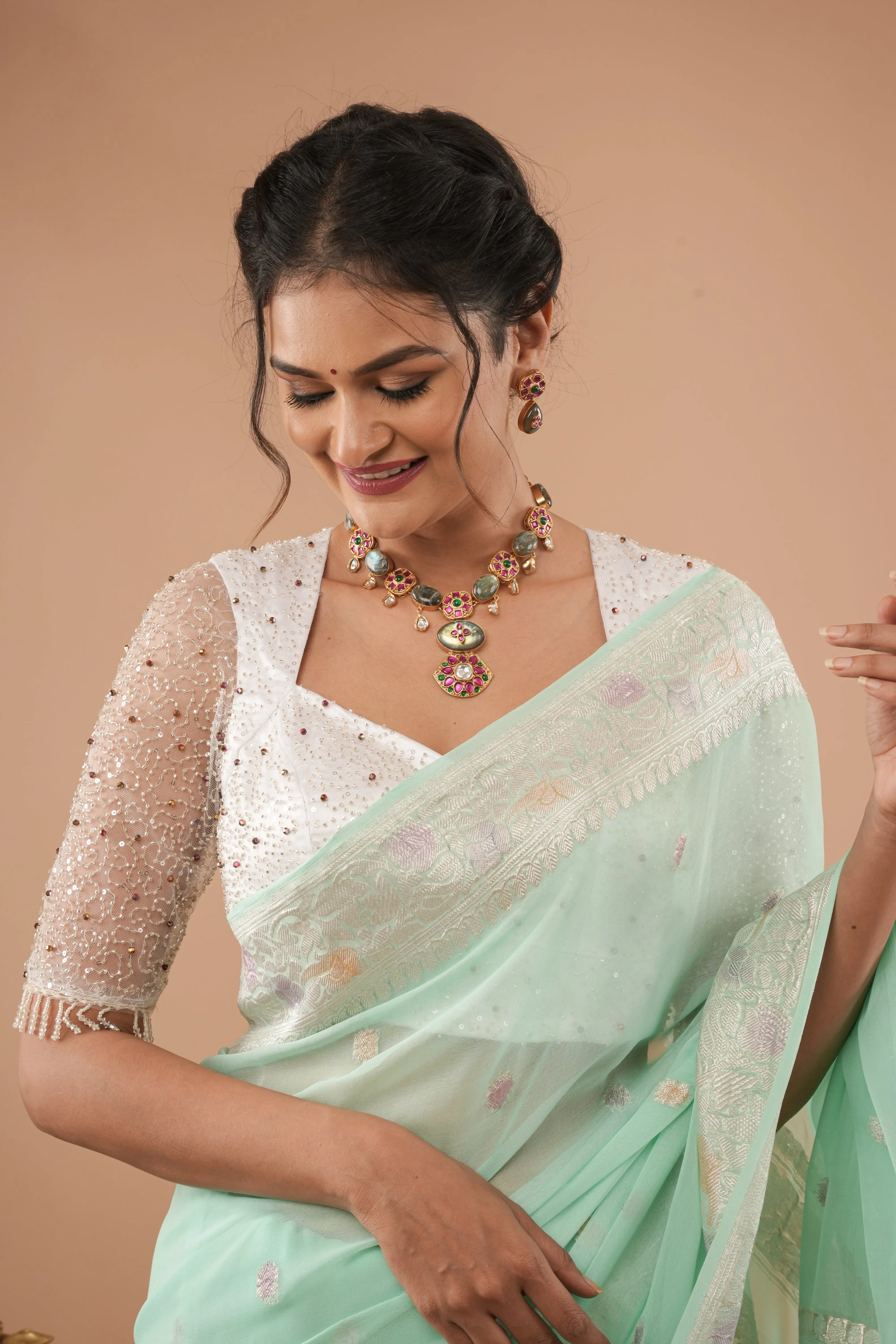 Made To Order: White Blouse with Beaded Detailing and Sheer Sleeves