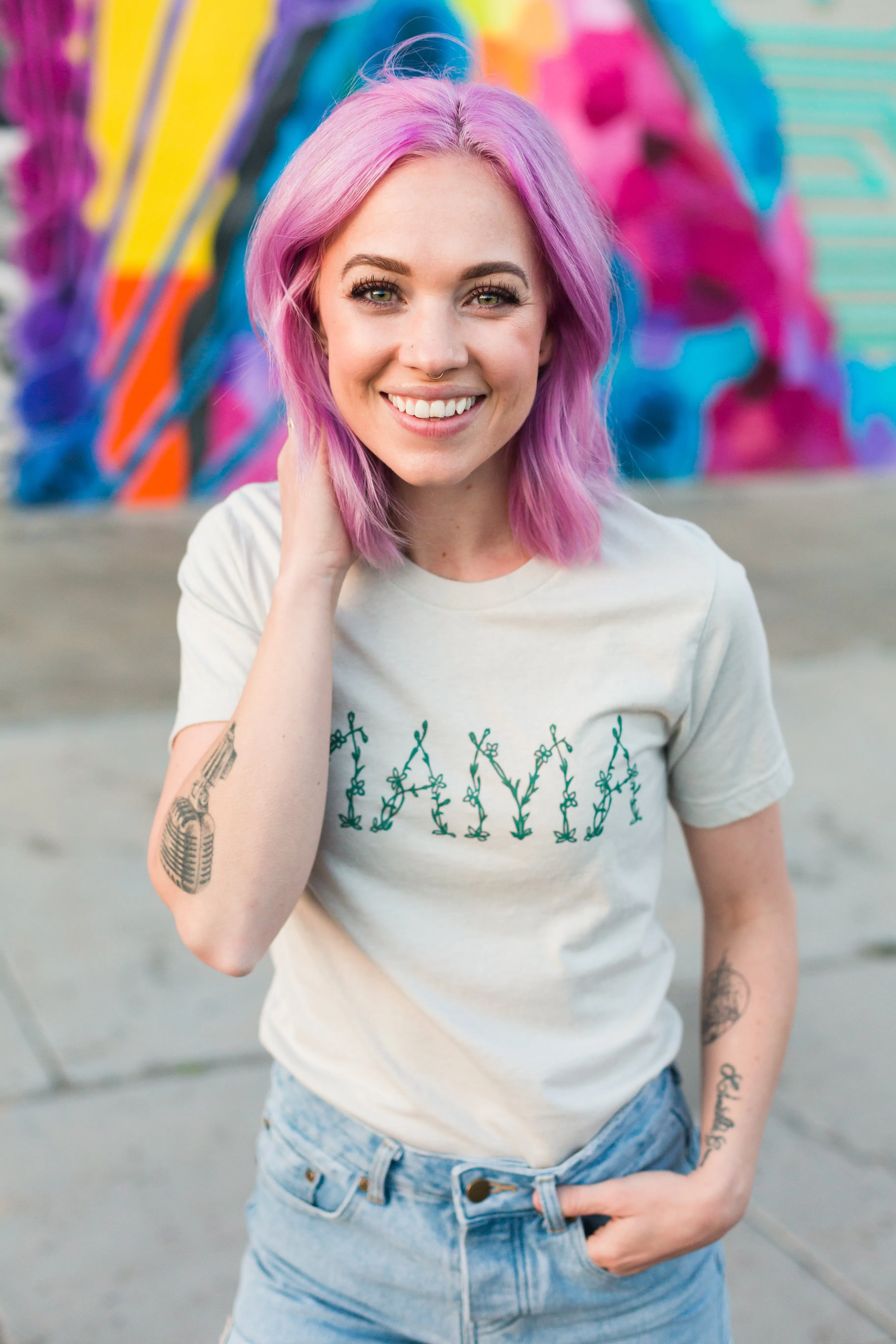 Mama Floral Tee - Heather Cement with Sage Ink
