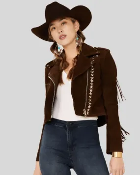 Maria Brown Fringe Suede Studded Leather Jacket
