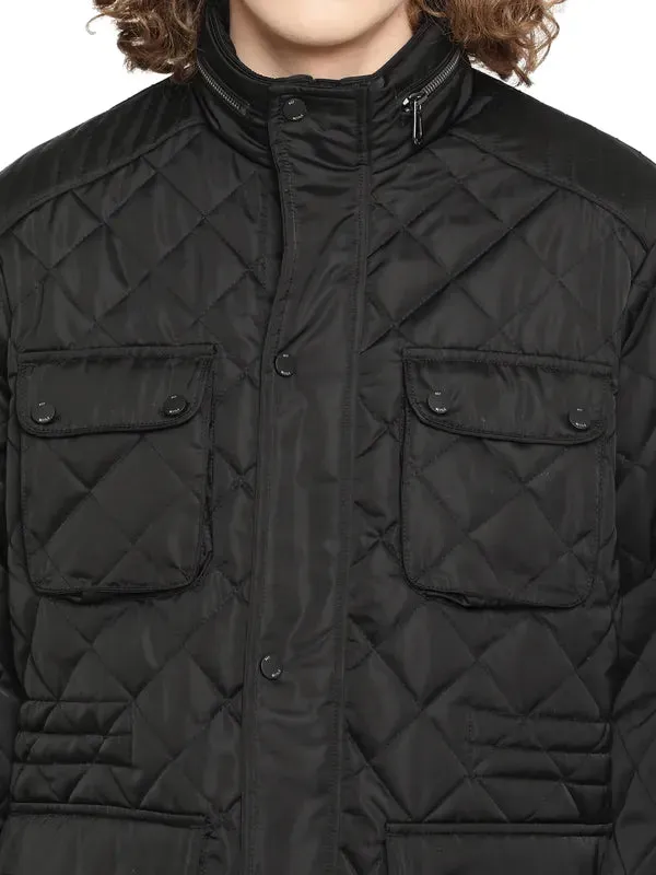 Mettle Men Black Longline Quilted Jacket With Patchwork