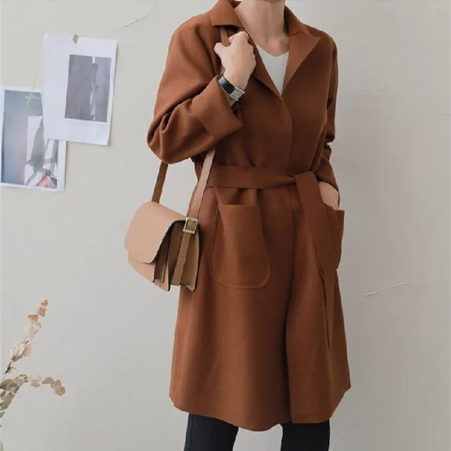 New Women Coats French Casual  Warm Long Belt Solid Female Office Lady Winter Retro Oversize Loose Woolen Chic Coat