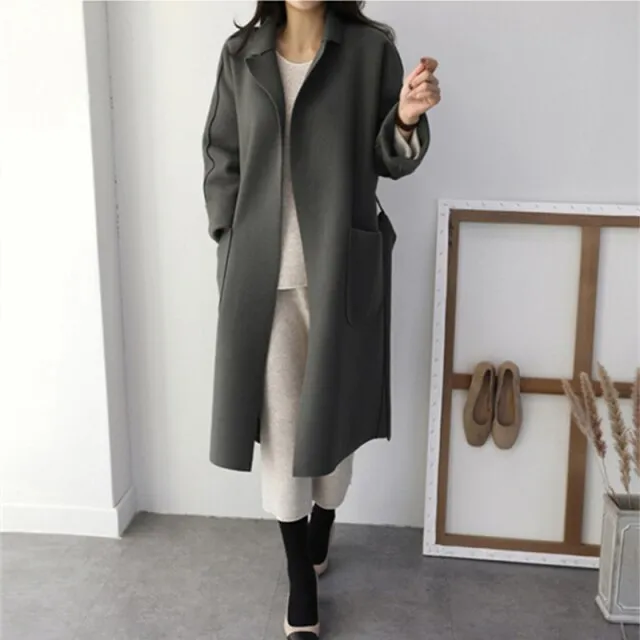 New Women Coats French Casual  Warm Long Belt Solid Female Office Lady Winter Retro Oversize Loose Woolen Chic Coat