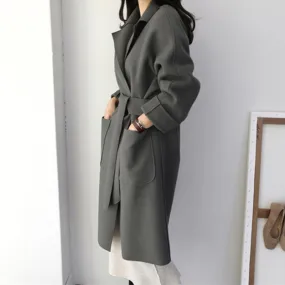 New Women Coats French Casual  Warm Long Belt Solid Female Office Lady Winter Retro Oversize Loose Woolen Chic Coat