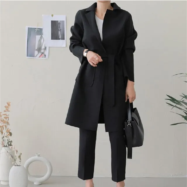 New Women Coats French Casual  Warm Long Belt Solid Female Office Lady Winter Retro Oversize Loose Woolen Chic Coat