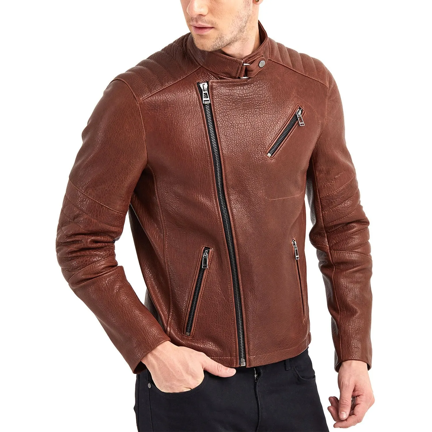 Newline Fashion Erie Biker Leather Jacket - Red/Brown